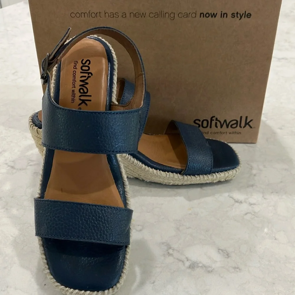 Softwalk Hartley Navy Leather Wedge‎ Espadrille Sandals W/Box Sz 7.5- EUC - Picture 2 of 15